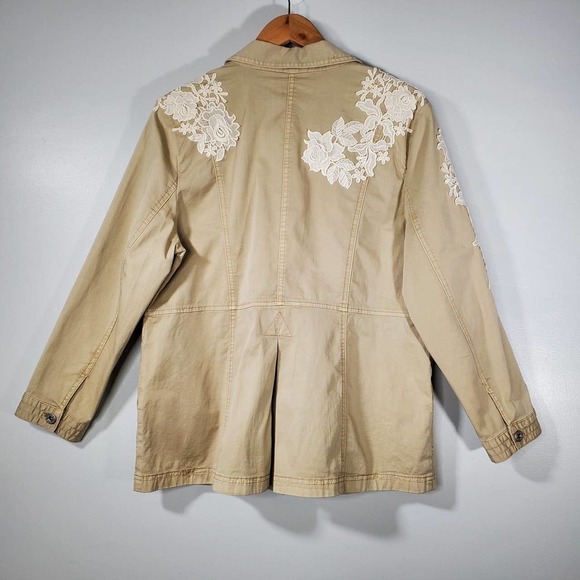Chico's Lace Applique Utility Jacket Khaki White Size 2 Petite - Picture 4 of 16